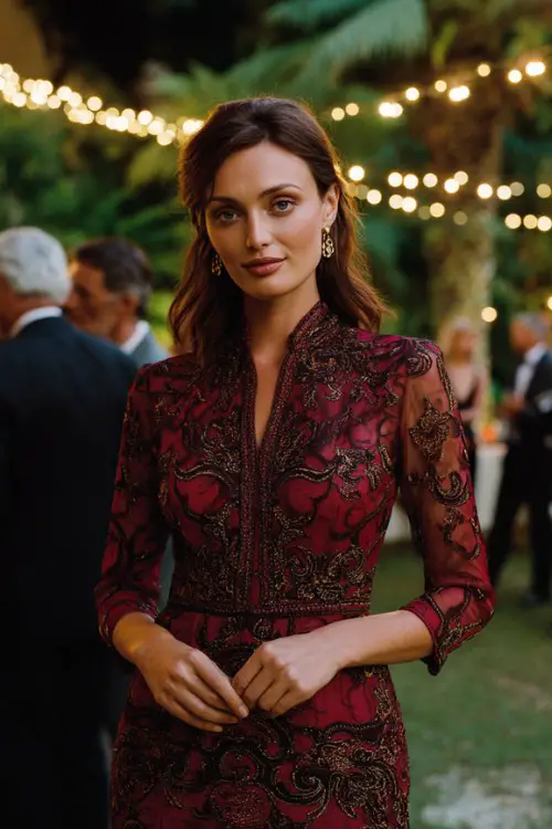A woman wears an opulent midi-length wedding guest dress in rich crimson silk crepe, fully adorned with intricate baroque-inspired embroidery