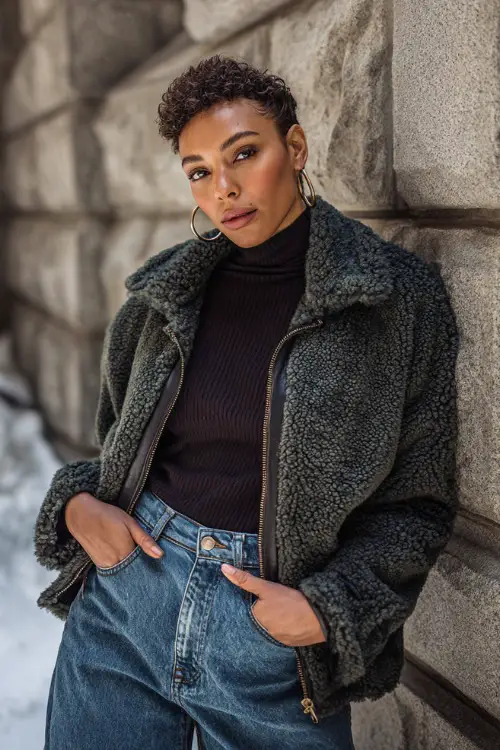 Black woman wearing a shearling jacket, high-waisted jeans, turtleneck, and hoop earrings, leaning against a stone wall in a downtown winter scene 