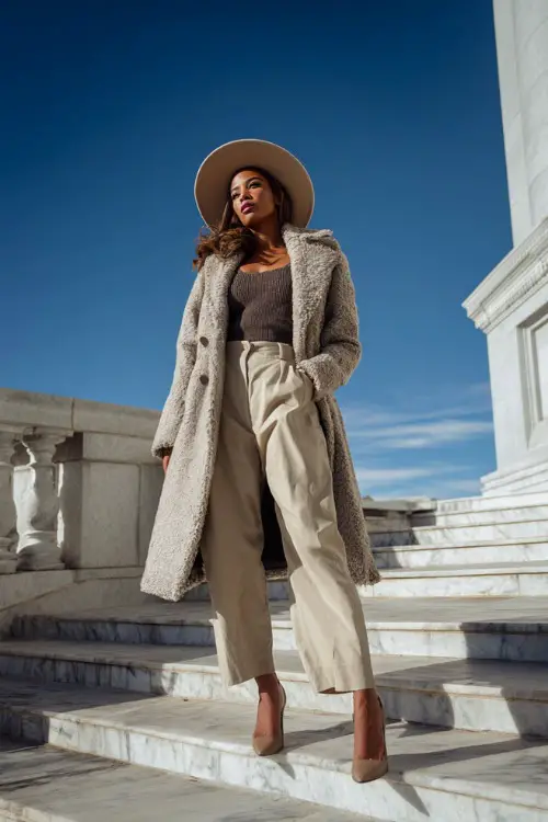 Chic winter outfit featuring a belted wool coat, wide-brim hat, high-waisted trousers, and heels, Black woman posing on marble steps of a city building 