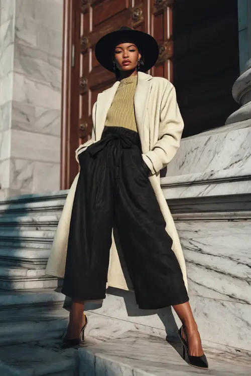 Chic winter outfit featuring a belted wool coat, wide-brim hat, high-waisted trousers, and heels, Black woman posing on marble steps of a city building