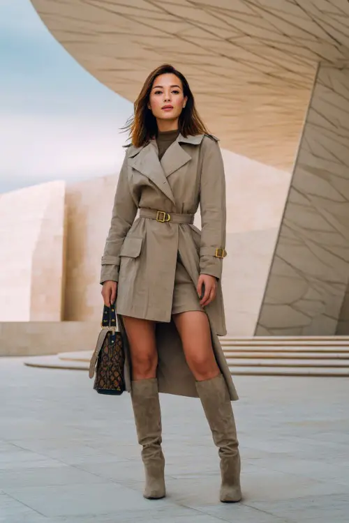 Chic woman in a long trench coat layered over a short dress, knee-high boots, and designer handbag, posing confidently in front of modern architecture
