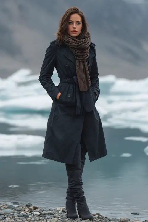 Chic woman wearing a black trench coat, long scarf, and tailored pants with heeled boots, standing in front of an icy lake backdrop 