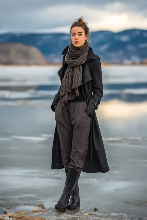 Chic woman wearing a black trench coat, long scarf, and tailored pants with heeled boots, standing in front of an icy lake backdrop 