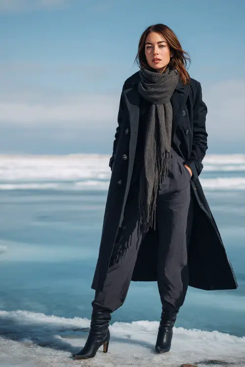 Chic woman wearing a black trench coat, long scarf, and tailored pants with heeled boots, standing in front of an icy lake backdrop