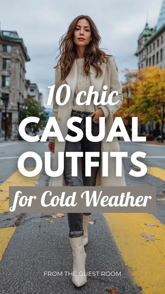 Chic woman wearing a casual outfit for cold weather with a wool trench coat, cashmere sweater, dark jeans, and heeled booties