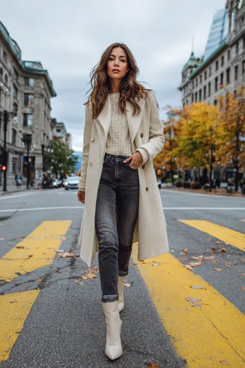 Chic woman wearing a wool trench coat, cashmere sweater, dark jeans, and heeled booties, walking across a city crosswalk with falling leaves