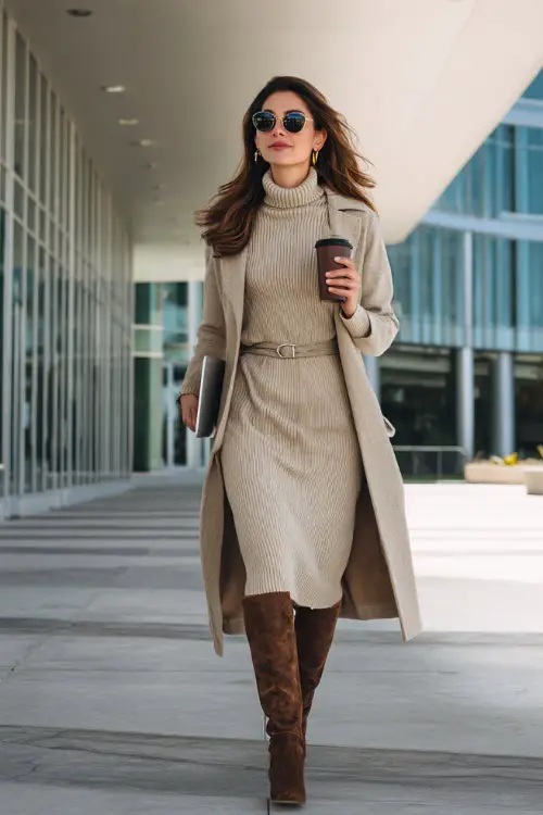 Classy office outfit featuring a midi sweater dress, long belted coat, and knee-high boots, woman holding a laptop bag and coffee while walking through a business district