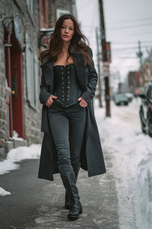 Confident woman in a belted long coat, fitted jeans, corset top, and lace-up boots, walking on a snowy sidewalk with a confident pose
