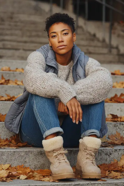 Cozy and casual look with a Black woman wearing an oversized sweater, puffer vest, jeans, and UGG boots, sitting on outdoor café steps surrounded by autumn leaves 