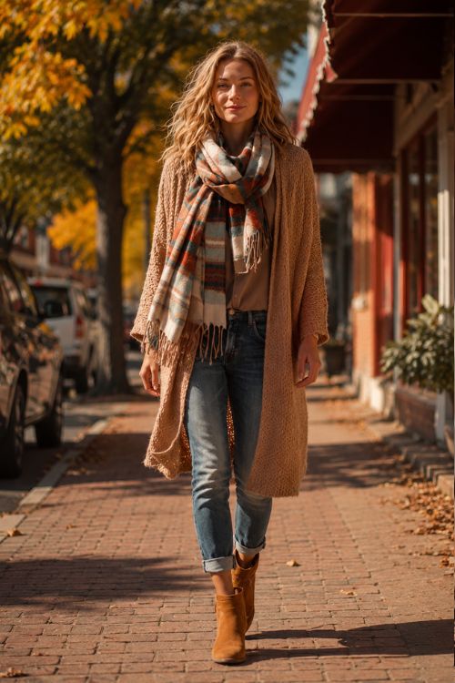 Cozy outfit featuring a long cardigan, plaid scarf, jeans, and suede ankle boots, woman walking along a small-town street with autumn trees