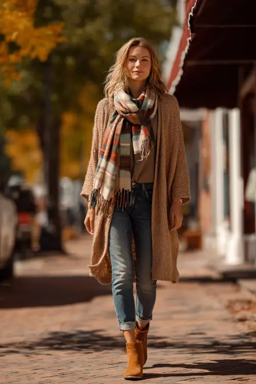 Cozy outfit featuring a long cardigan, plaid scarf, jeans, and suede ankle boots, woman walking along a small-town street with autumn trees 