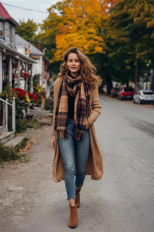 Cozy outfit featuring a long cardigan, plaid scarf, jeans, and suede ankle boots, woman walking along a small-town street with autumn trees 