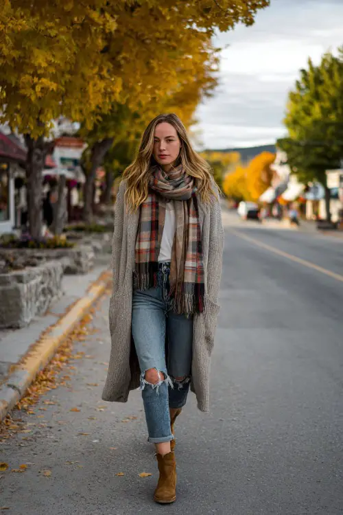 Cozy outfit featuring a long cardigan, plaid scarf, jeans, and suede ankle boots, woman walking along a small-town street with autumn trees