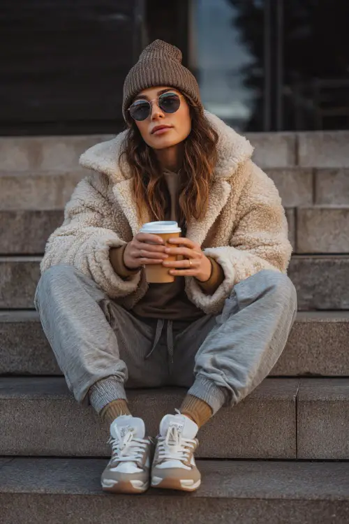 Cozy outfit of a woman wearing a sherpa jacket, jogger pants, knit beanie, and sneakers, sitting on outdoor café steps with a coffee cup 