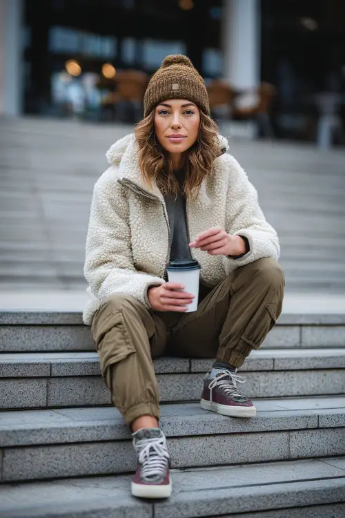 Cozy outfit of a woman wearing a sherpa jacket, jogger pants, knit beanie, and sneakers, sitting on outdoor café steps with a coffee cup