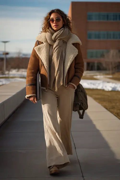 Cozy winter outfit featuring a shearling jacket, wool scarf, wide-leg pants, and loafers, woman walking with a laptop bag on campus