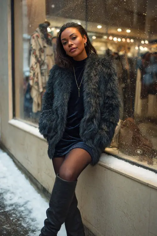 Elegant Black woman wearing a faux fur jacket, turtleneck dress, tights, and over-the-knee boots, posing in front of a boutique window with falling snow 