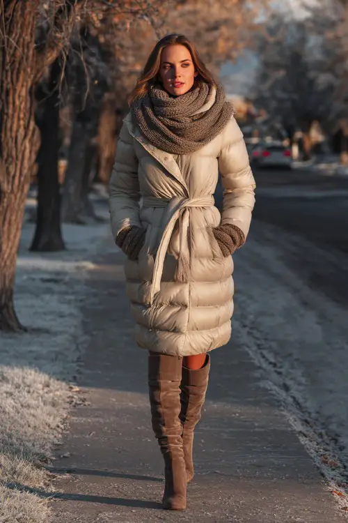 Elegant woman in a belted puffer coat, knitted scarf, gloves, and heeled boots, walking on a frosty morning sidewalk lined with winter trees 