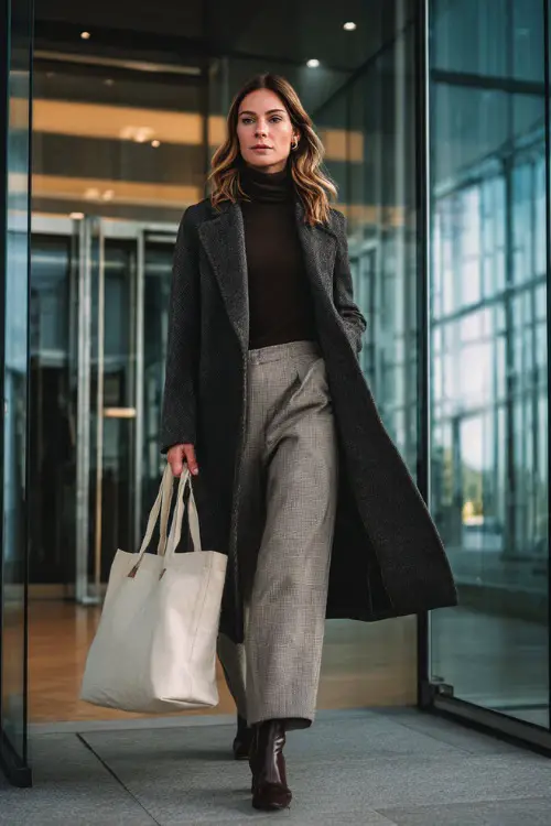Elegant woman in a tailored wool coat, turtleneck sweater, wide-leg trousers, and heeled ankle boots, holding a tote bag while walking into a glass office building (2)