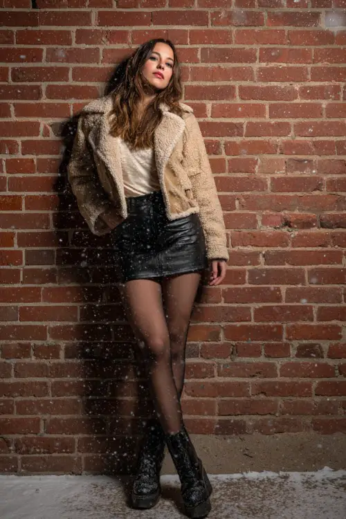 Fashion-forward woman in a shearling jacket, leather mini skirt, tights, and platform boots, leaning against a brick wall with falling snow