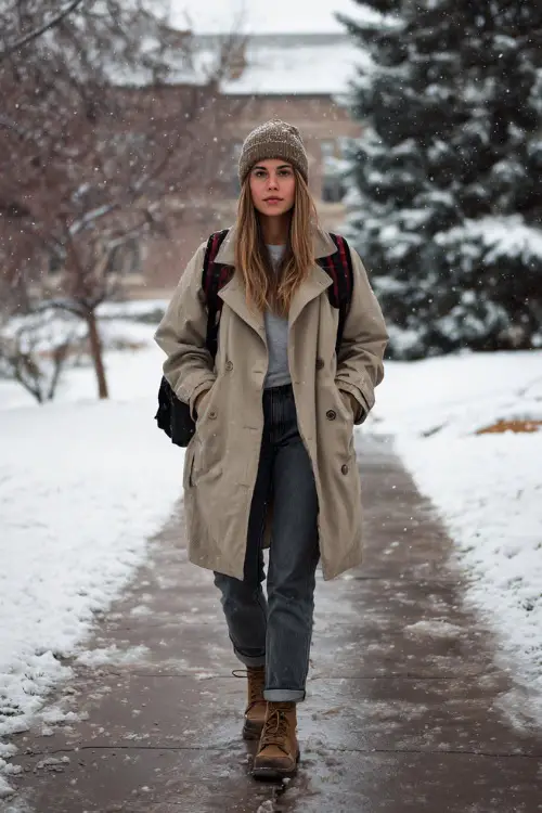 Fashionable student wearing a trench coat, beanie, backpack, straight-leg jeans, and Chelsea boots, walking on a university pathway covered in snow