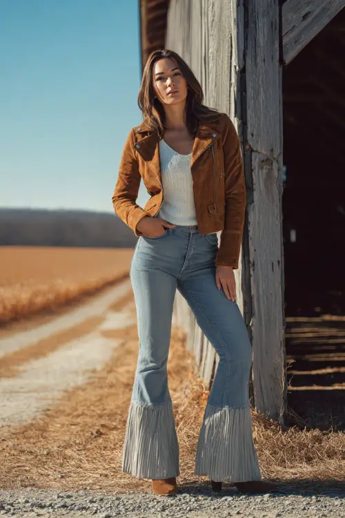 Fashionable woman in a suede jacket, white knit top, flared jeans, and heeled boots, posing near a rustic barn with golden fields 