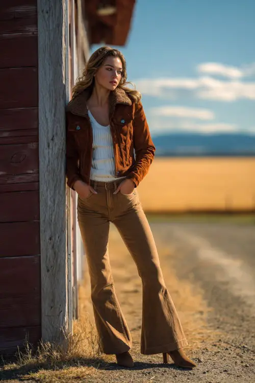 Fashionable woman in a suede jacket, white knit top, flared jeans, and heeled boots, posing near a rustic barn with golden fields