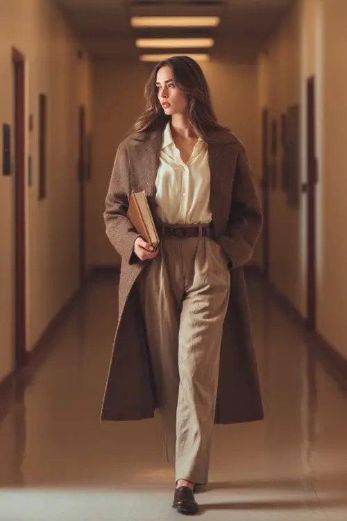 Professional woman in a long wool coat, silk blouse, belted trousers, and loafers, holding a notebook in a warm-toned office corridor