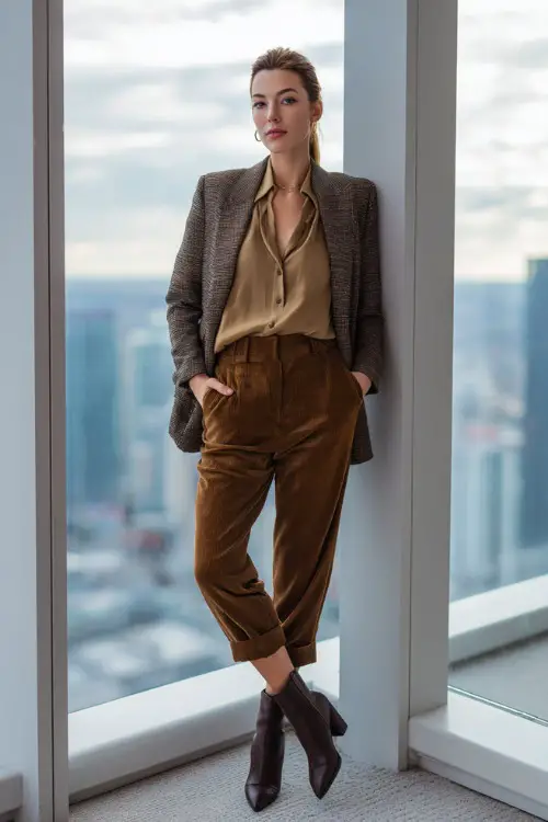 Professional woman in a wool blazer layered over a silk blouse, straight-leg pants, and ankle boots, standing near large windows with city skyline view