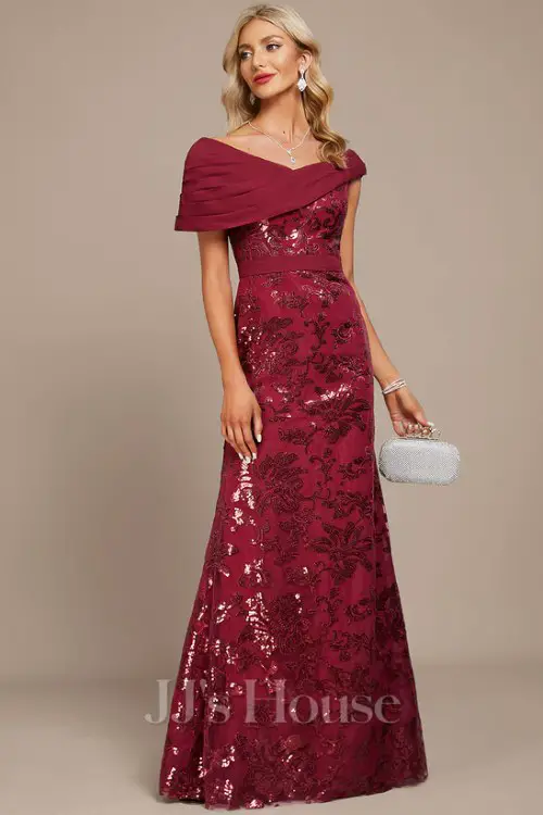 Sheath_Column Asymmetrical Floor-Length Lace Sequin Chiffon Evening Dress With Pleated
