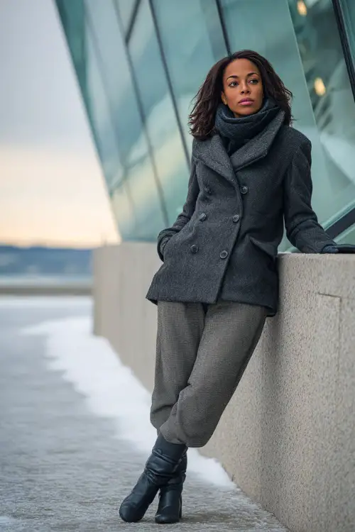 Sophisticated Black woman in a monochrome outfit with a gray peacoat, wool pants, gloves, and heeled boots, standing beside a glass building on a cold morning 