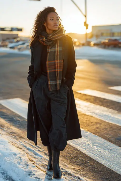 Stylish Black woman in a long wool coat, plaid scarf, black trousers, and heeled boots, standing at a snowy crosswalk with warm golden sunlight 