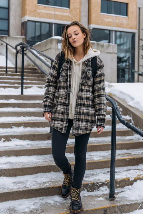 Stylish student wearing a plaid shacket over hoodie, leggings, and lace-up boots, walking up outdoor steps at a university building with light snow 
