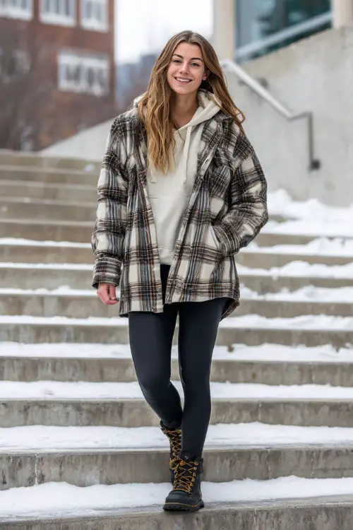 Stylish student wearing a plaid shacket over hoodie, leggings, and lace-up boots, walking up outdoor steps at a university building with light snow 