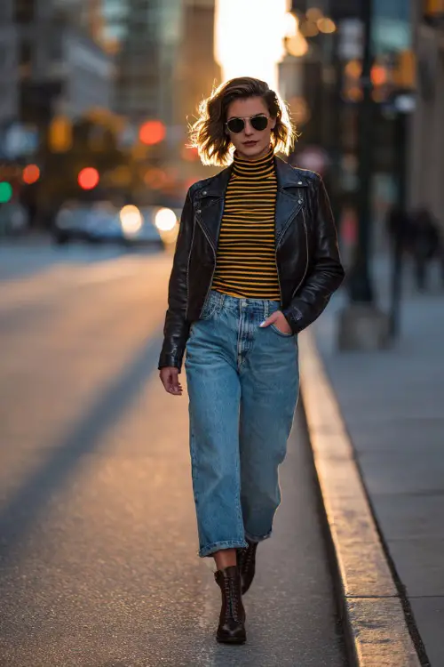 Stylish woman in a leather jacket, striped turtleneck, high-waisted jeans, and ankle boots, walking downtown with golden sunset glow 