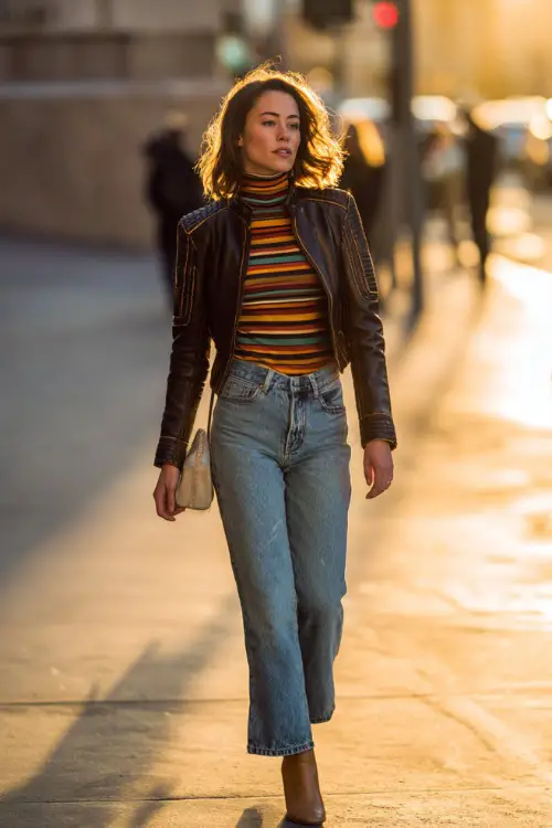 Stylish woman in a leather jacket, striped turtleneck, high-waisted jeans, and ankle boots, walking downtown with golden sunset glow 