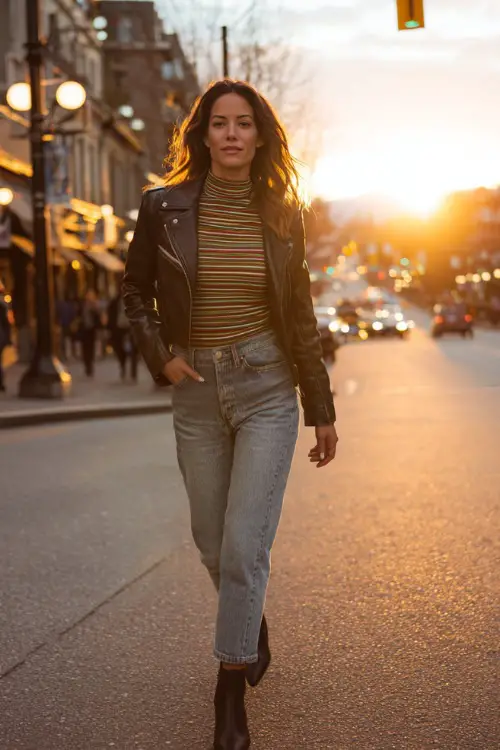 Stylish woman in a leather jacket, striped turtleneck, high-waisted jeans, and ankle boots, walking downtown with golden sunset glow 