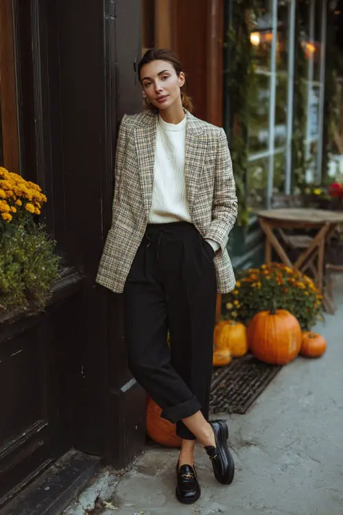 Stylish woman in a plaid blazer, cream sweater, black trousers, and loafers, standing near a café with pumpkins and fall décor