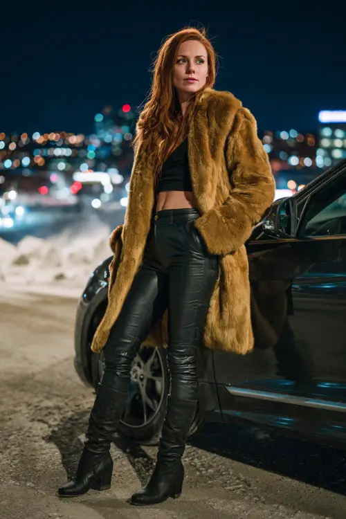 Stylish woman wearing a faux fur coat, leather leggings, crop top, and thigh-high boots, standing beside a luxury car in an urban winter night scene