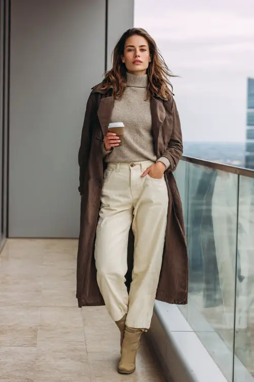 Stylish woman wearing a neutral cashmere sweater, wool trousers, and trench coat, holding her phone and coffee while standing by a corporate high-rise