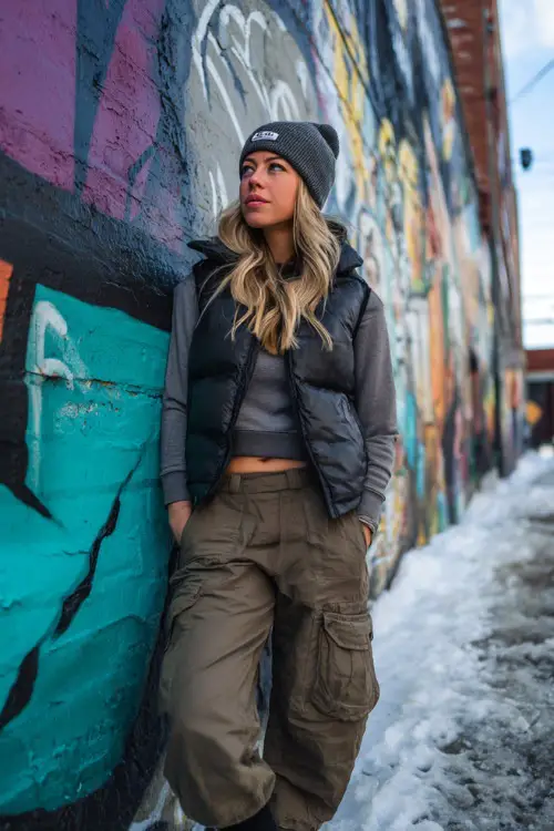 Stylish woman wearing a puffer vest, cropped sweatshirt, cargo pants, and beanie, standing beside an icy street mural with bold urban vibes 