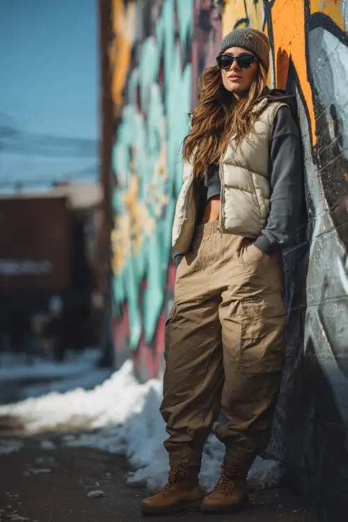 Stylish woman wearing a puffer vest, cropped sweatshirt, cargo pants, and beanie, standing beside an icy street mural with bold urban vibes