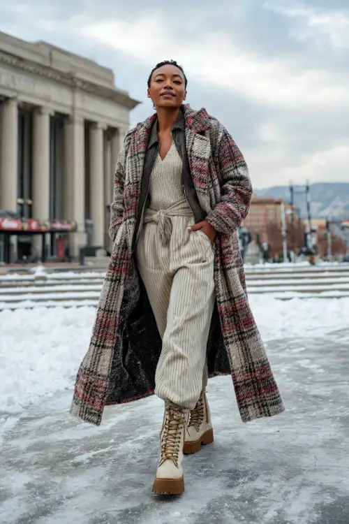 Trendy Black woman in a long plaid coat, neutral knit set, and platform boots, walking confidently across a snowy city plaza