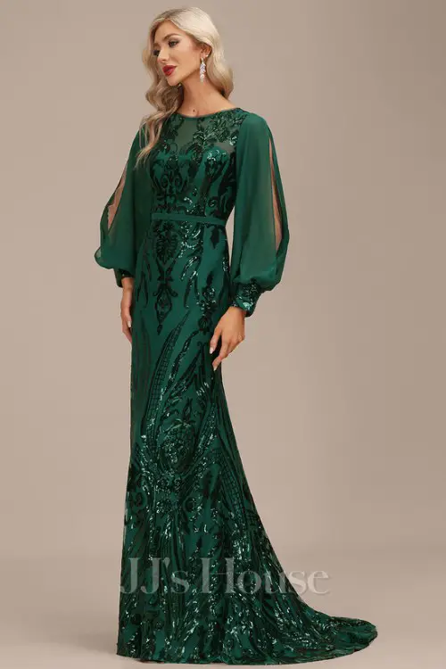 Trumpet_Mermaid Boat Neck Illusion Sweep Train Chiffon Sequin Evening Dress