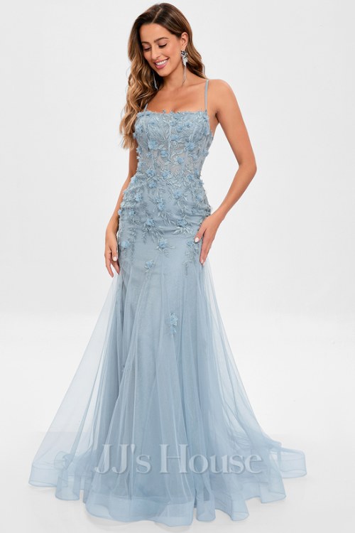 Trumpet_Mermaid Straight Sweep Train Tulle Prom Dresses With Flower