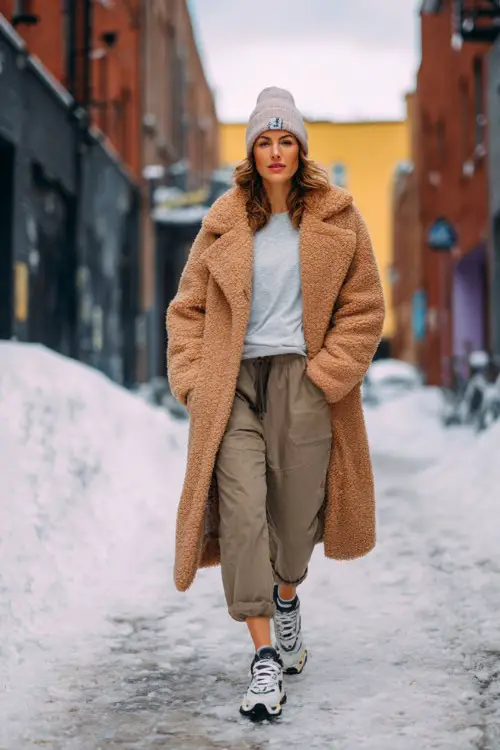Woman in a cozy teddy coat, wool trousers, knit beanie, and chunky sneakers, walking confidently down a snowy urban street 