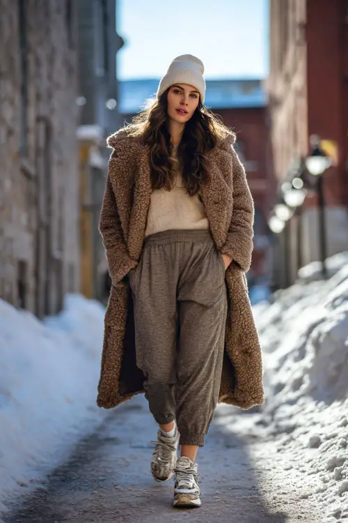 Woman in a cozy teddy coat, wool trousers, knit beanie, and chunky sneakers, walking confidently down a snowy urban street