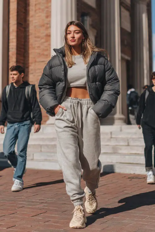 Woman in a cropped puffer jacket, sweatshirt, jogger pants, and chunky sneakers, walking with friends outside the school building 