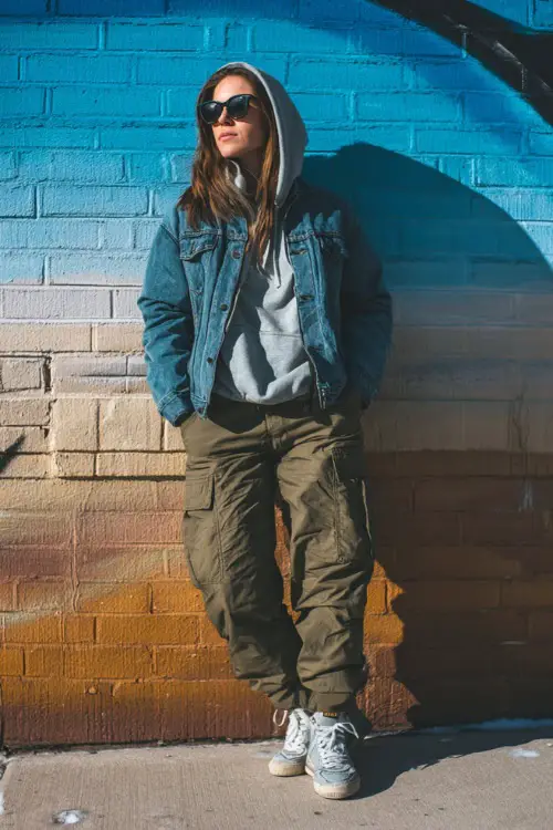 Woman in a denim jacket layered over hoodie, cargo pants, and sneakers, posing casually near a street mural on a cold winter day (