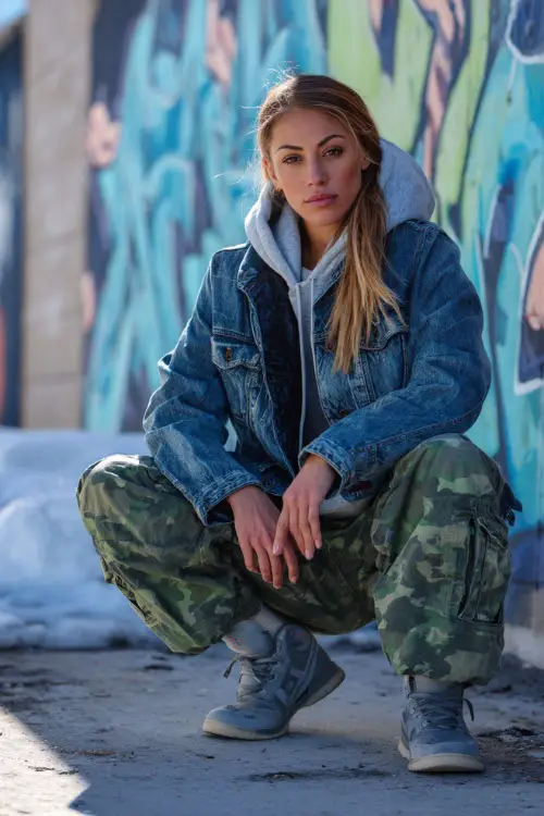 Woman in a denim jacket layered over hoodie, cargo pants, and sneakers, posing casually near a street mural on a cold winter day